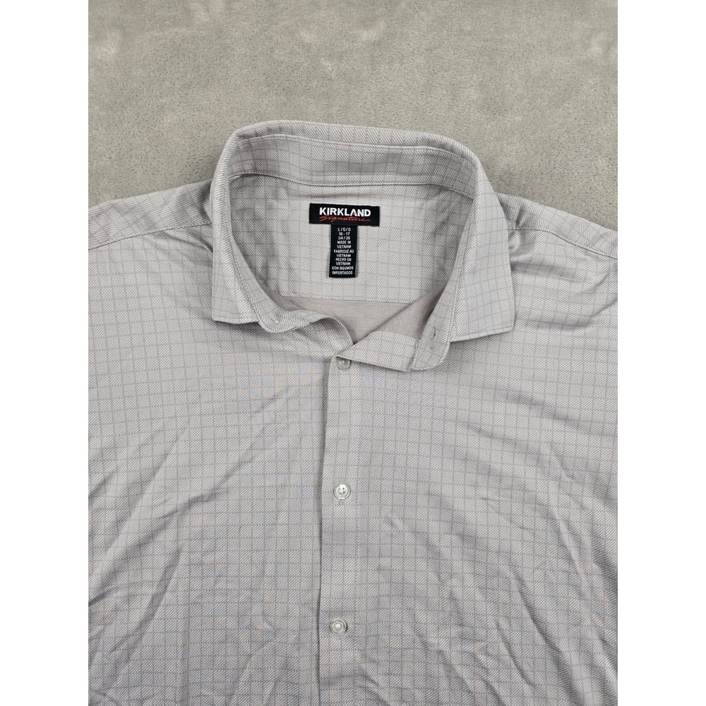 Kirkland Signature Dress Shirt Men L 16-17 34/35 Gray Grid Long Sleeve Button Up